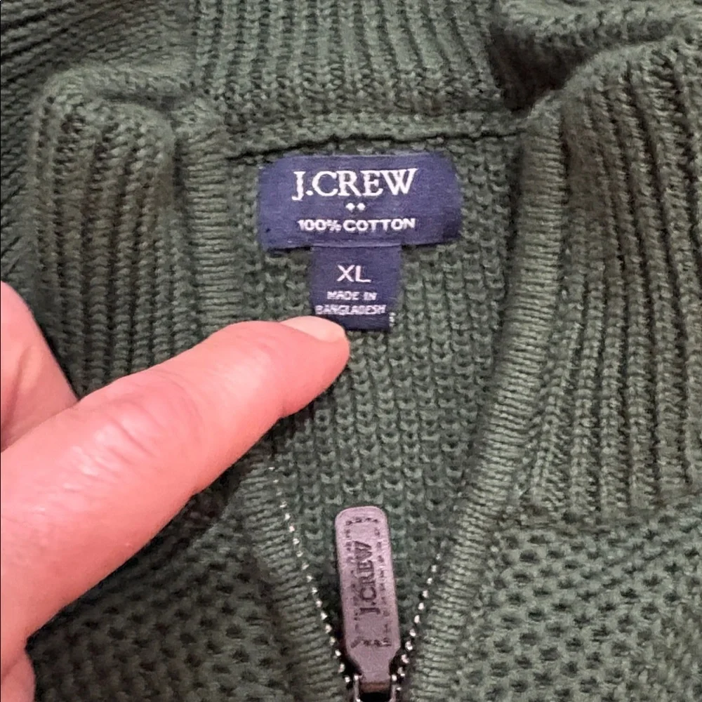 J Crew Cotton Quarter Zip Green Sweater size XL